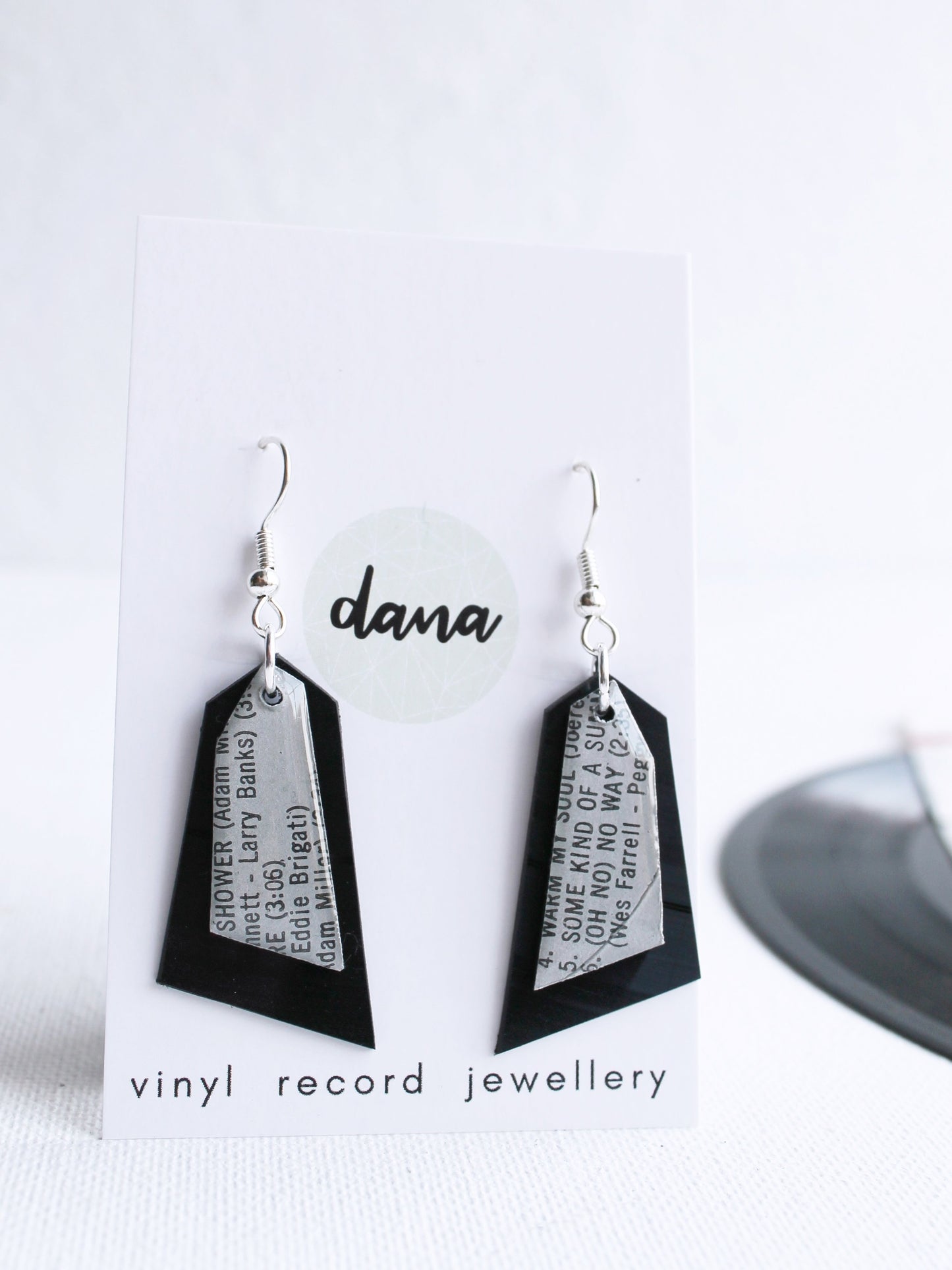 Silver grey handcrafted recycled dangle earrings / ooak vinyl jewelry