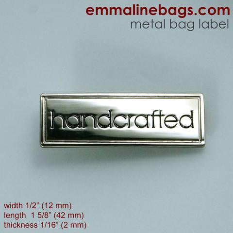 Metal Bag Label "Handcrafted" with border Nickel Finish