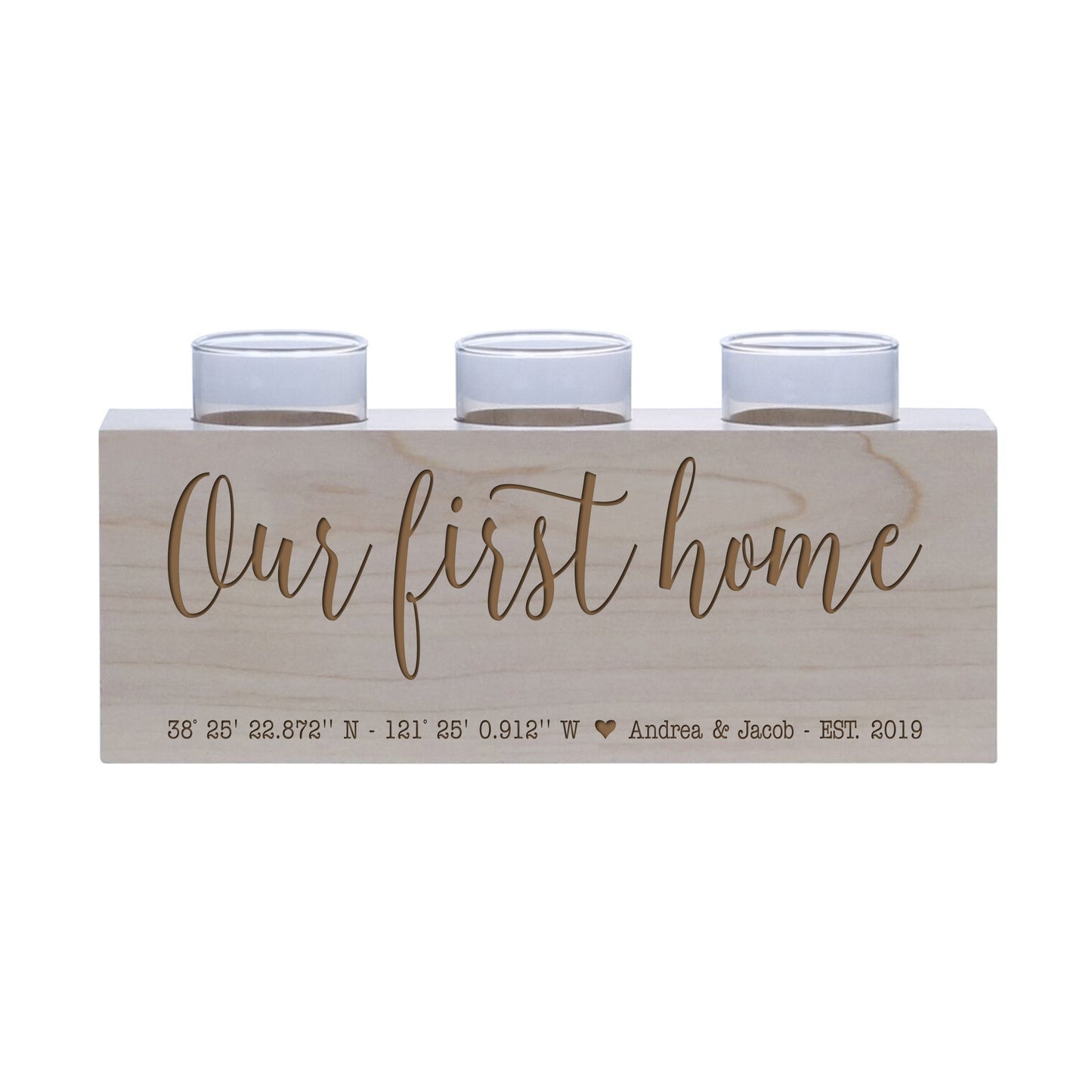 Personalized Handcrafted Maple Candle Holder - Our First Home