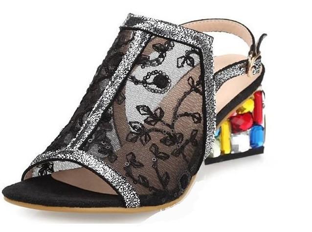 New Real leather cross stitch bud crafted silk mid heel thick heel sandals (Black)