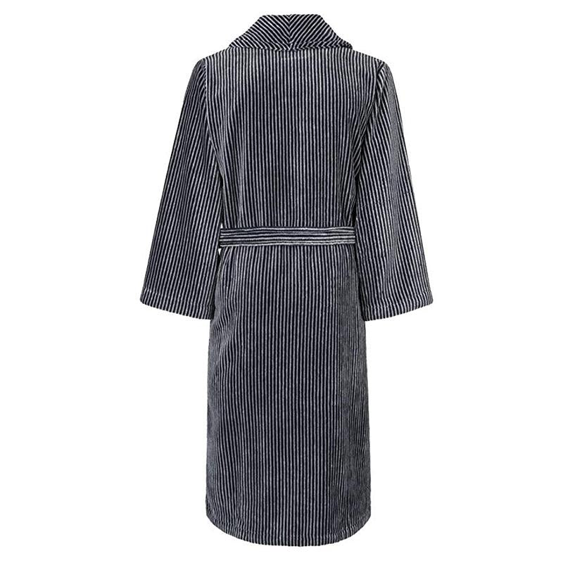 Mystique Lounge Robe Slippers Set Black-Silver Grey Stripe Velour Egyptian Cotton, Crafted in Europe