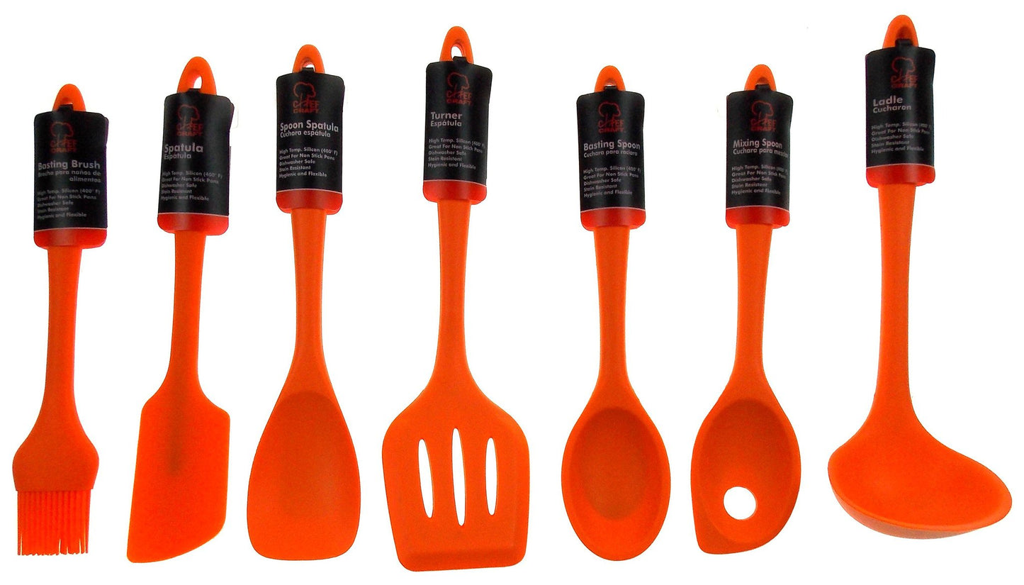 Set of 7 Orange Kitchen Utensil Silicone Chef Craft Mixing Spoon Spatula Turner