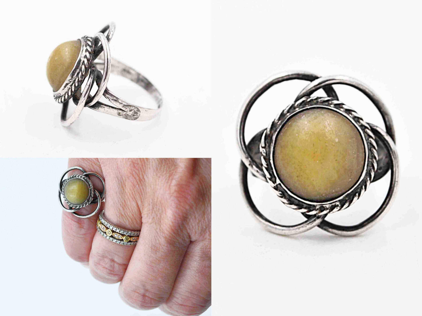 Vintage Mexico Sterling Silver Yellow Agate Ring, Banded Agate, Mexican, Flower, Quatrefoil, Handcrafted, Rope, Size 4 1/2 #b673