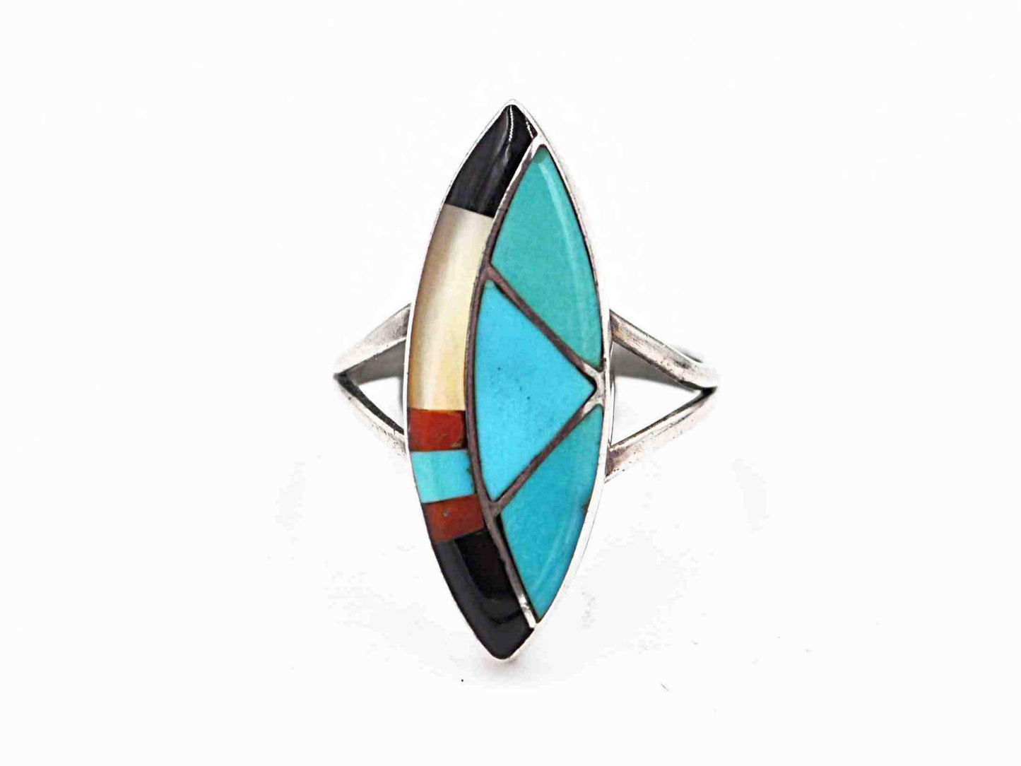 Vintage Navajo Sunburst Handcrafts Sterling Silver Inlaid Marquise Shape Stone Ring -Size 4 #c868