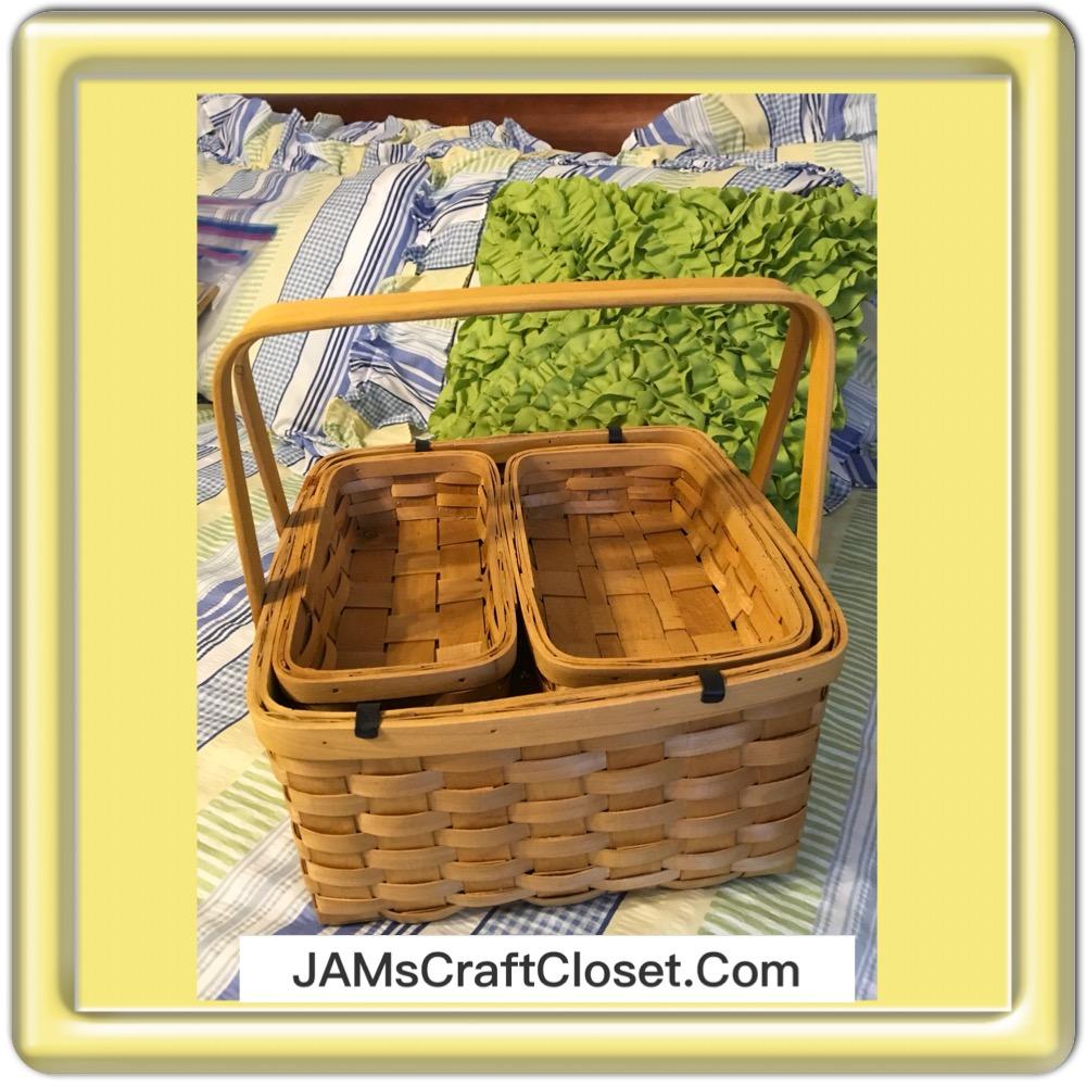 Picnic Basket with Tray and 2 baskets Vintage Storage Woven Wicker Craft Nursery