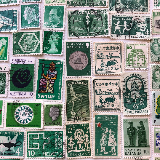 Vintage postage stamps, 90 used green colourway for craft, history projects