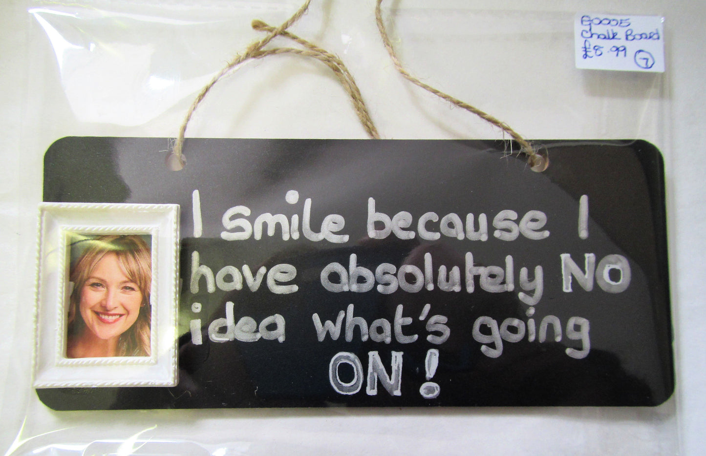Handcrafted unique "I smile because" chalk board and silver plaque