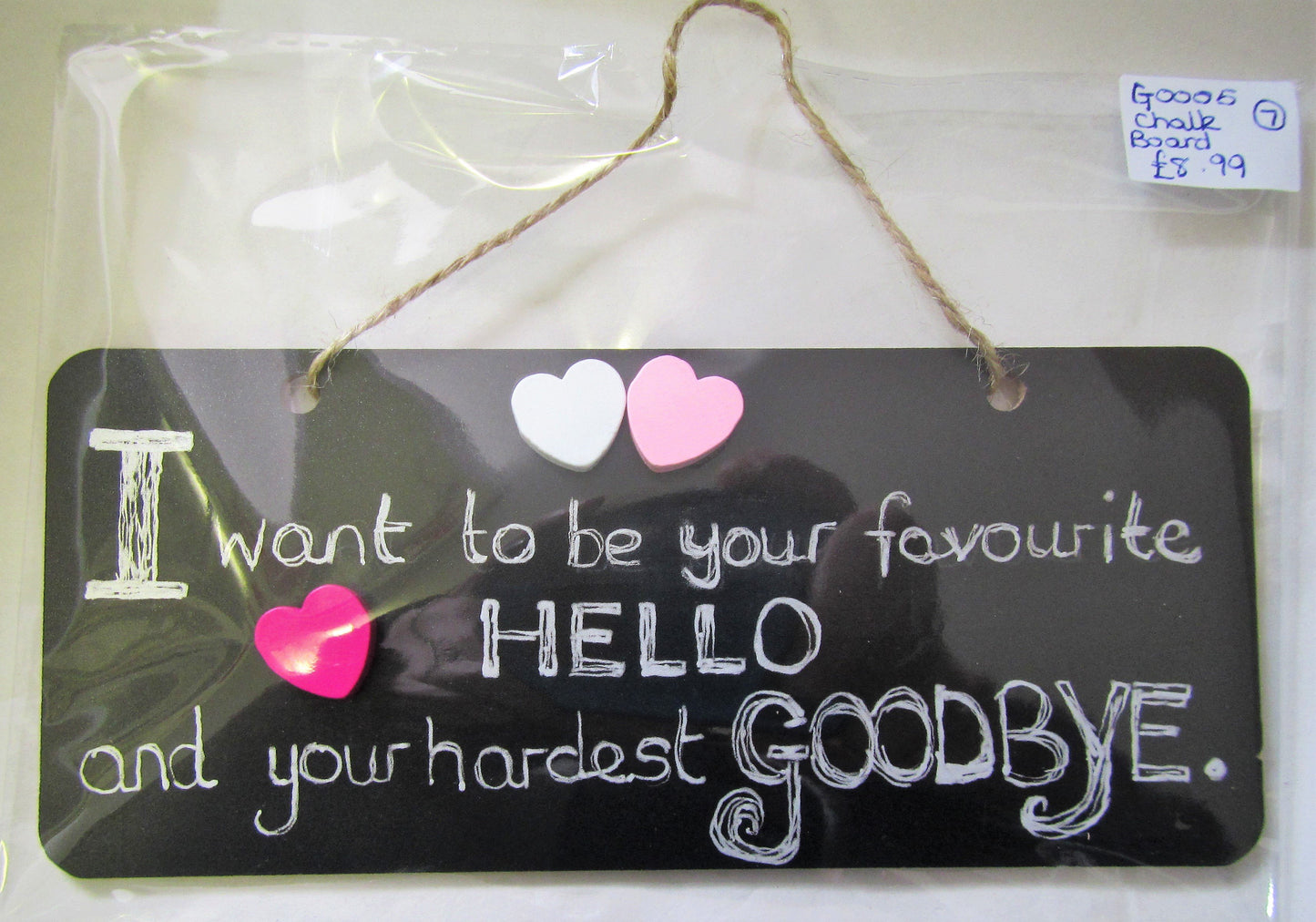 Handcrafted unique "Favourite hello" chalk board and silver plaque