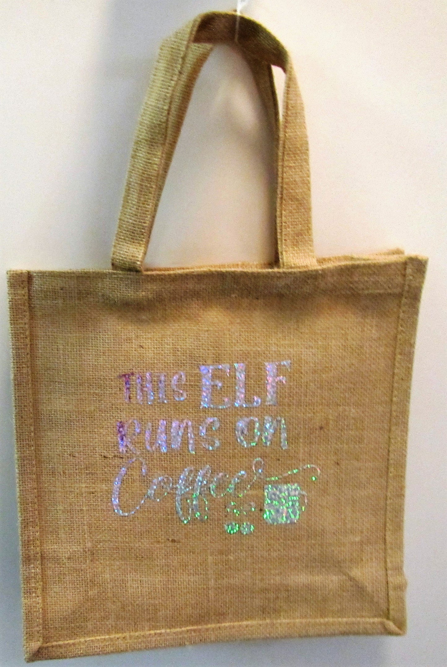 Handcrafted "This elf runs on Coffee" bag in hessian material
