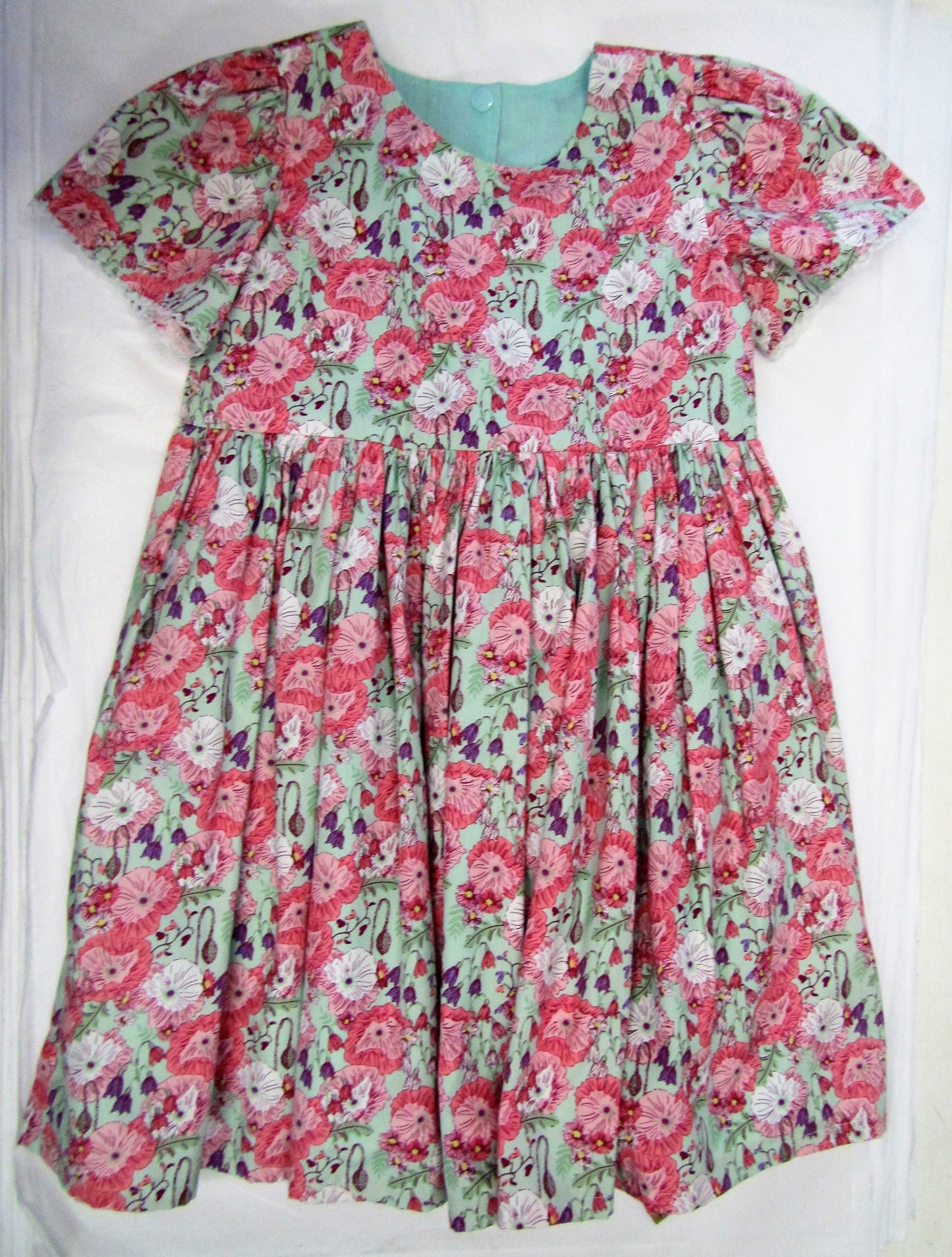 Handcrafted mint and pink summer poppies fully lined dress 4-5 years