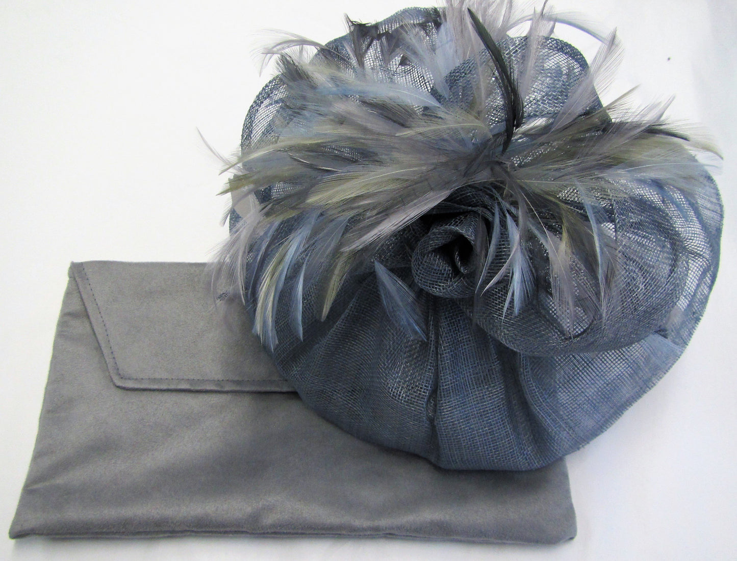 Handcrafted air force blue fascinator with bow rose and feathers on a hair band
