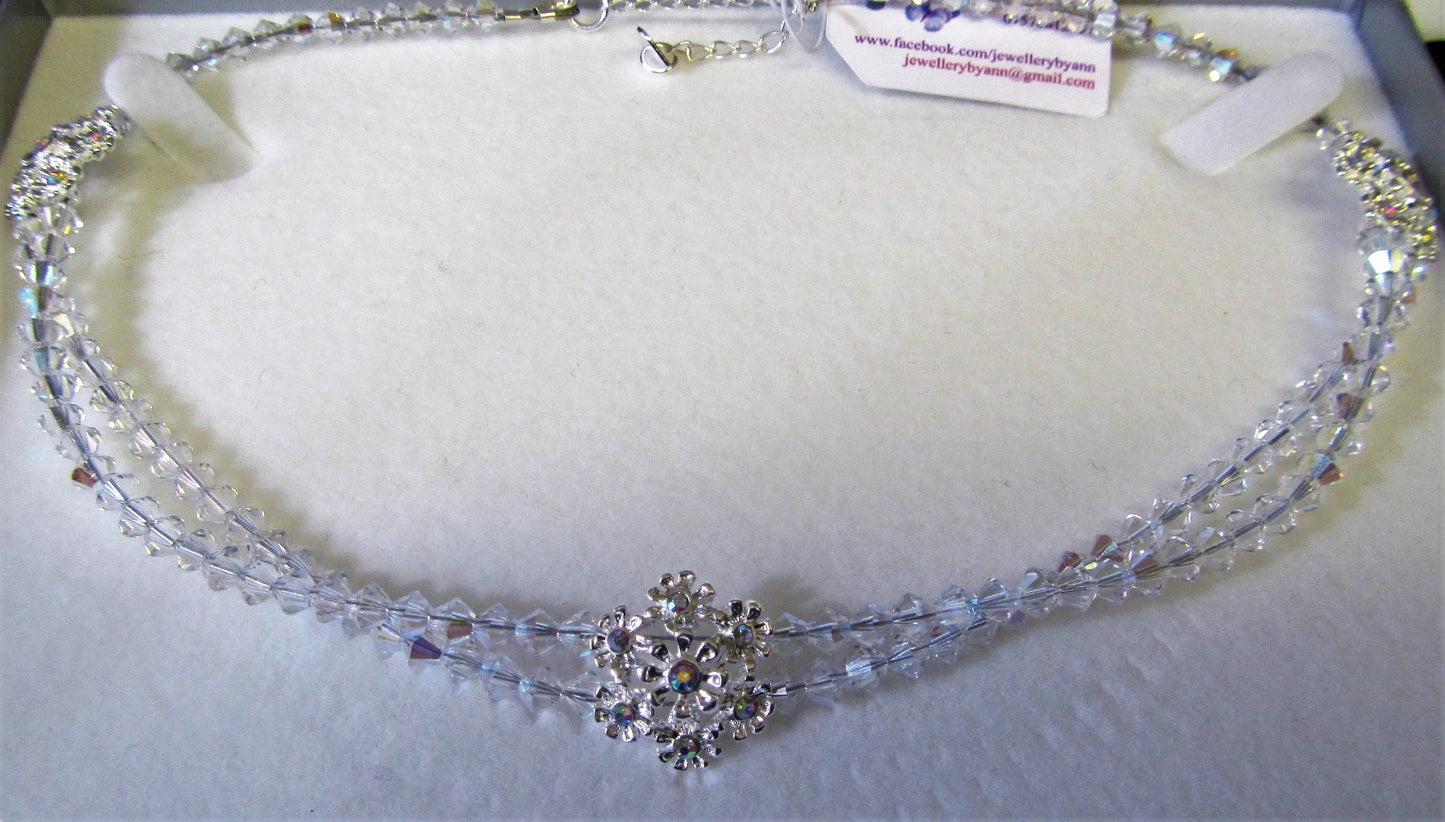 Handcrafted Swarovski crystal and rhinestone flower 925 sterling choker