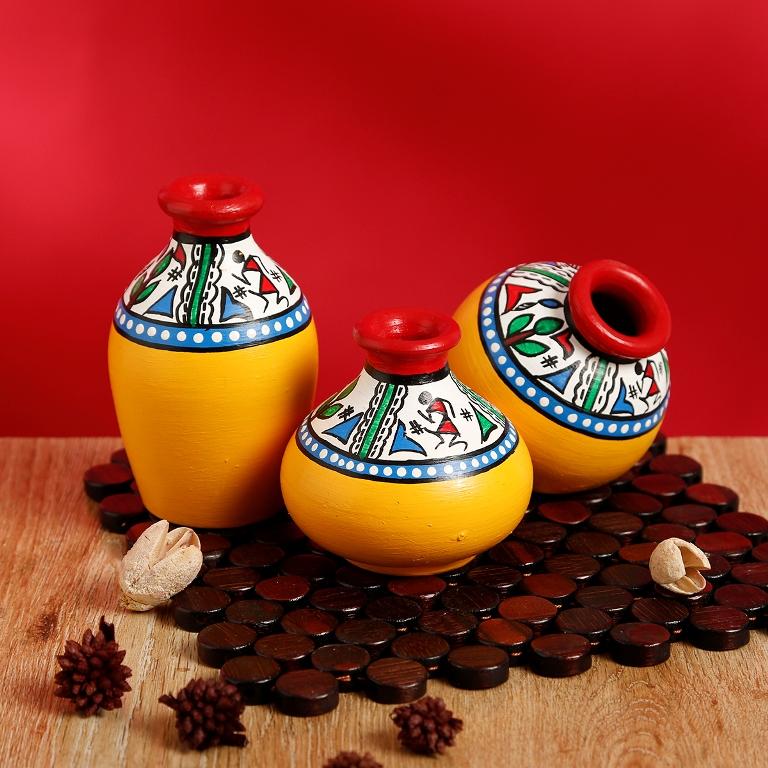 Terracotta Table Pots Warli Handpainted Miniature Yellow Set Of 3