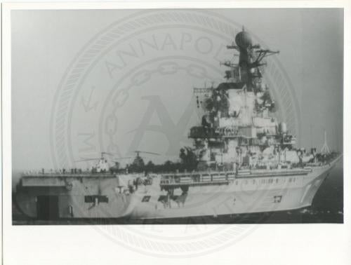 Official U.S. Navy photo of Soviet Kiev class aircraft carrier Novorossiysk with carrier operations underway YAK-36 Forger