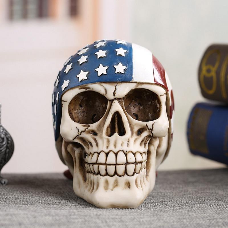 USA American Flag Skull Statues Sculptures Resin Halloween Home Decor Decorative Craft Skull Ornaments Creative Art Carving