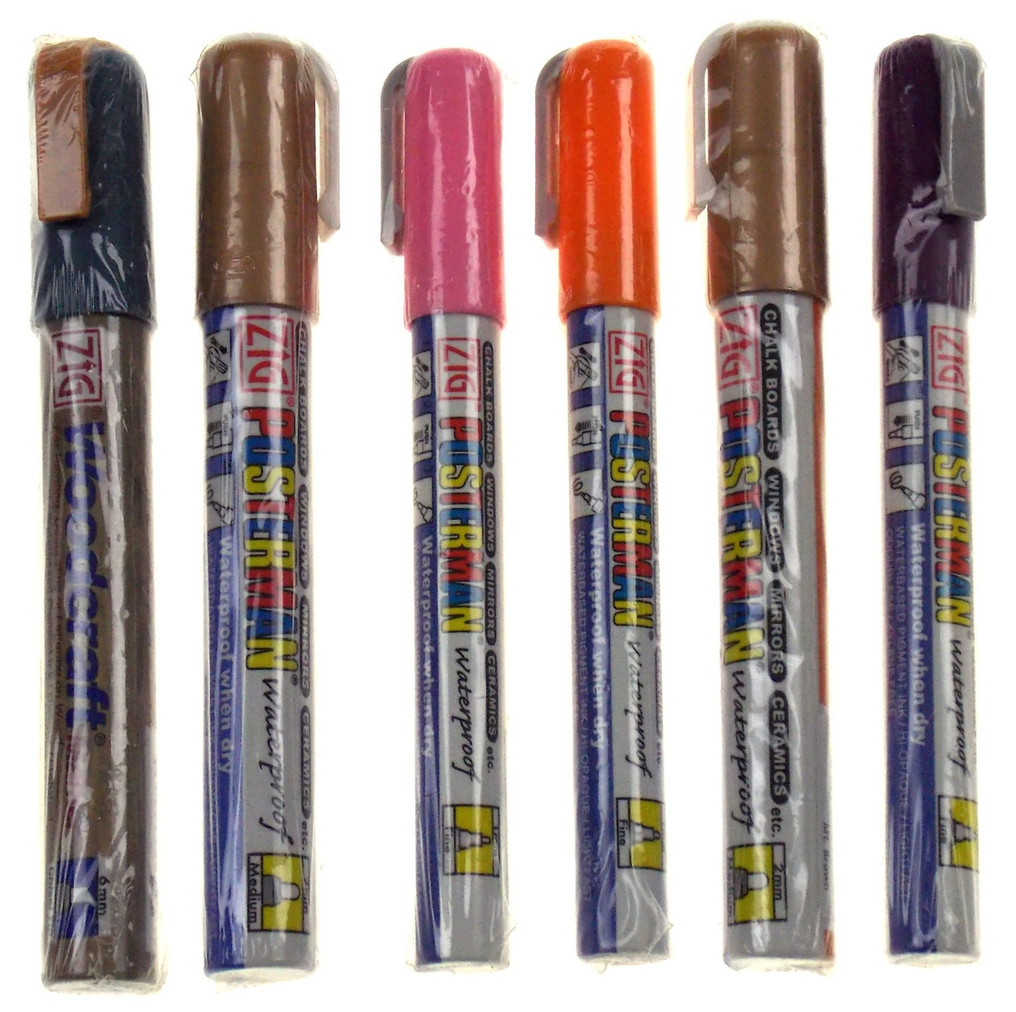Zig Posterman Waterproof Markers Set 6 Woodcraft Brown Violet Pink Chisel Fine