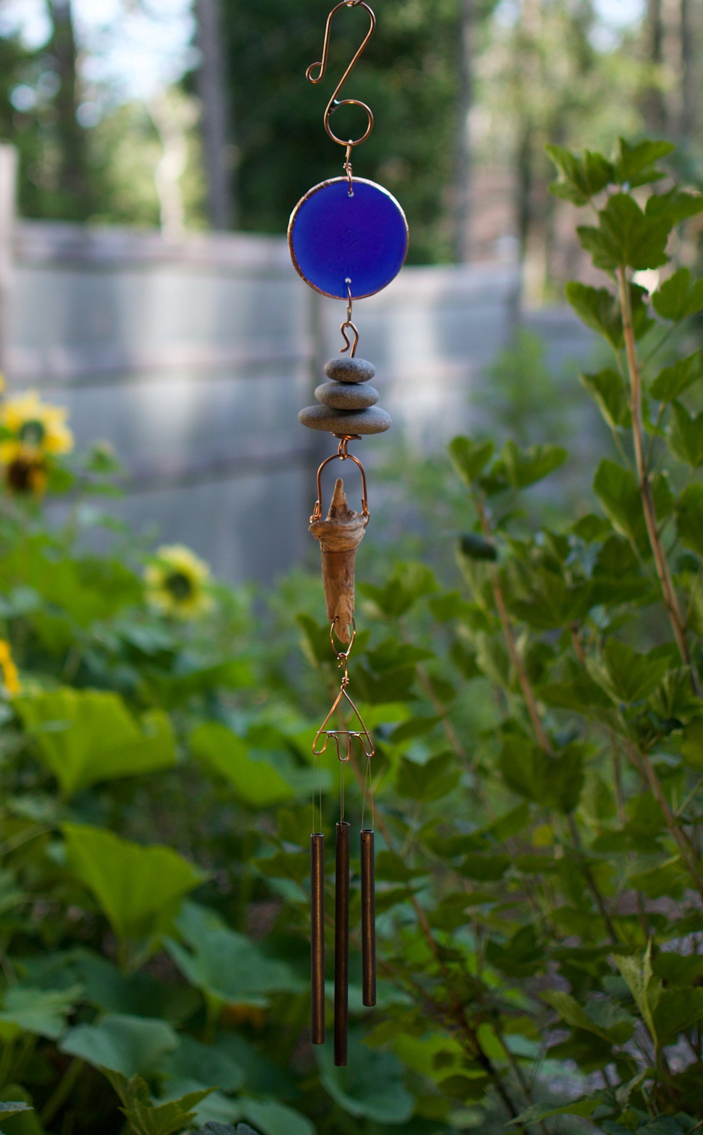 Wind Chime Glass, Beach Stones, Driftwood Handcrafted Garden Art
