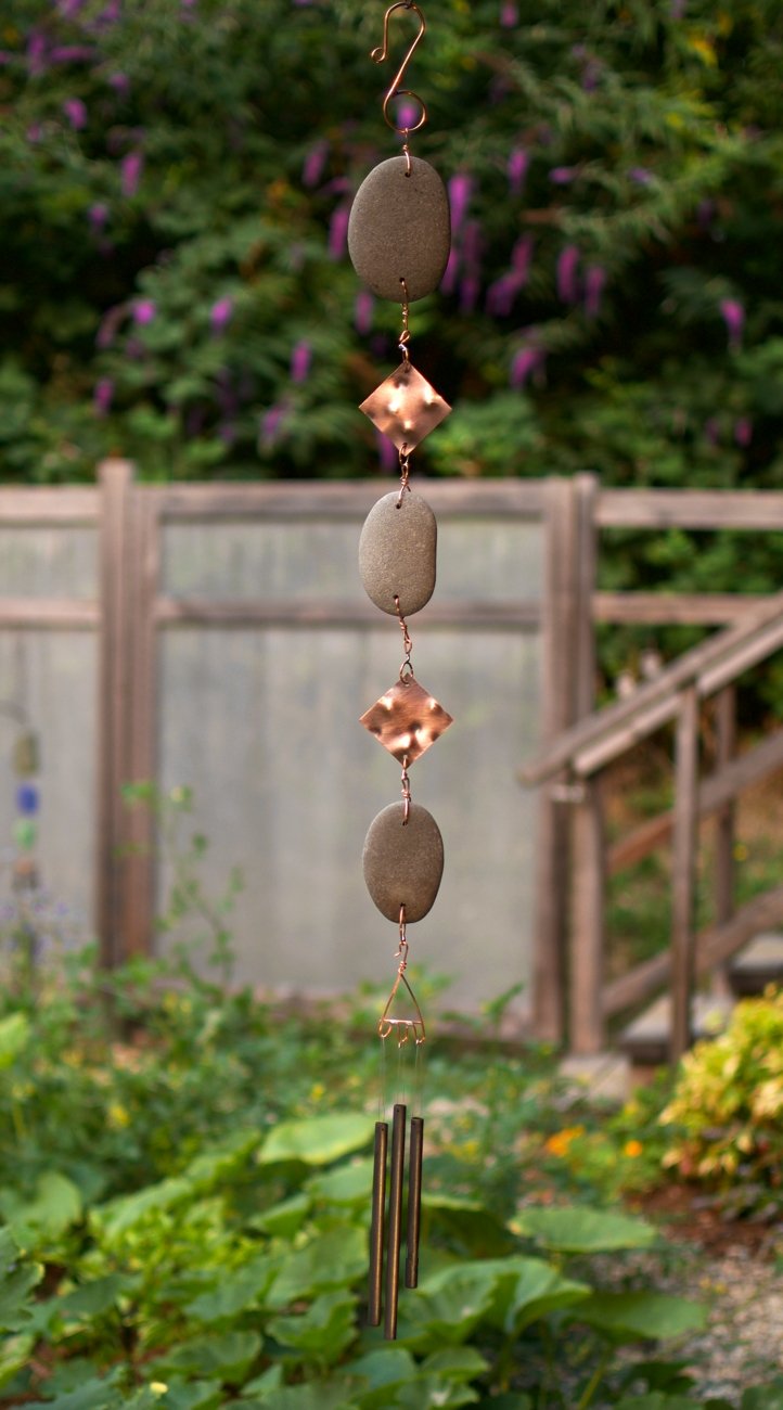 Wind Chime Outdoor Handcrafted Beach Stone Copper Brass