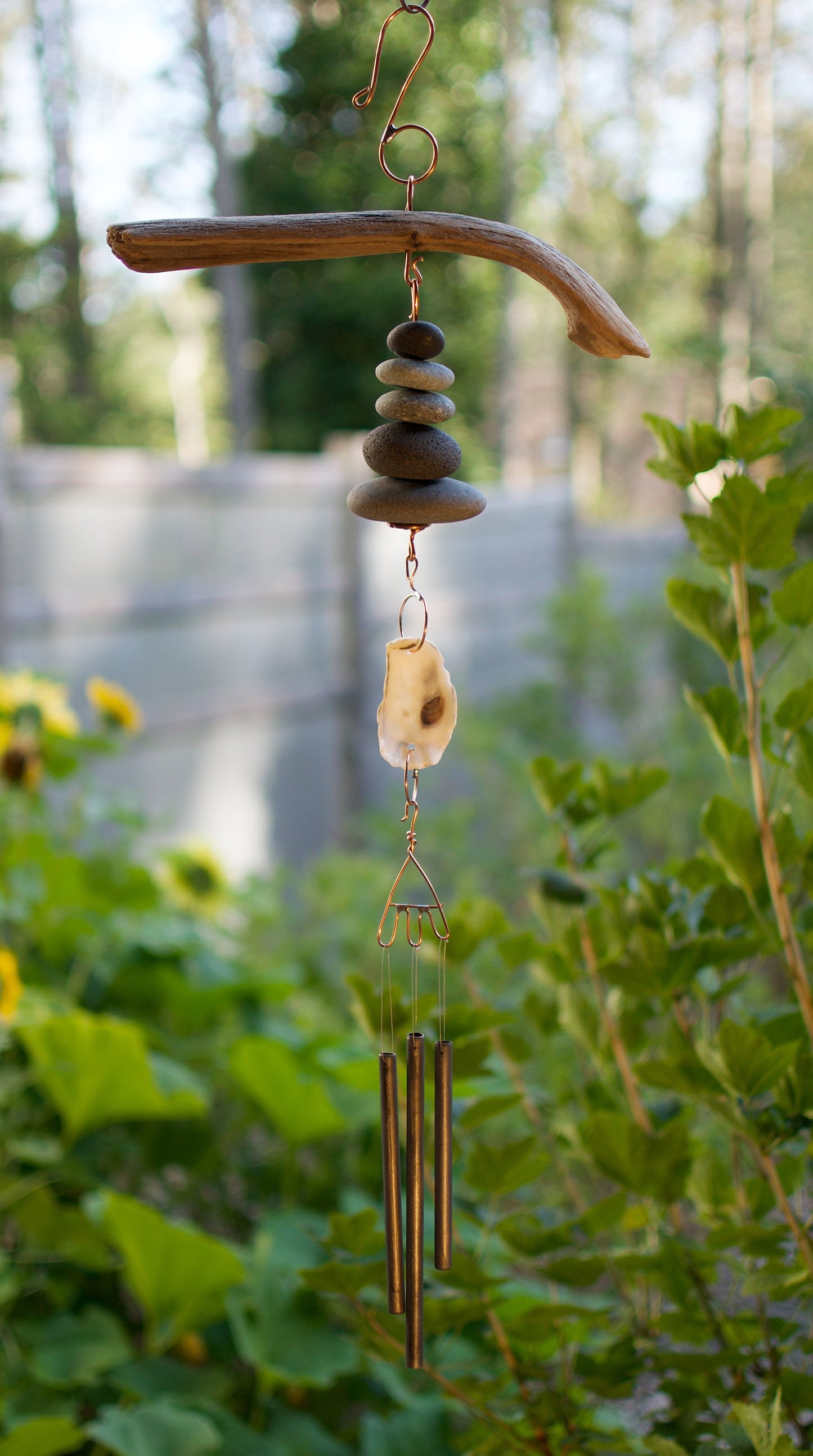 Wind Chime Driftwood Beach Stone Oyster Shell Handcrafted