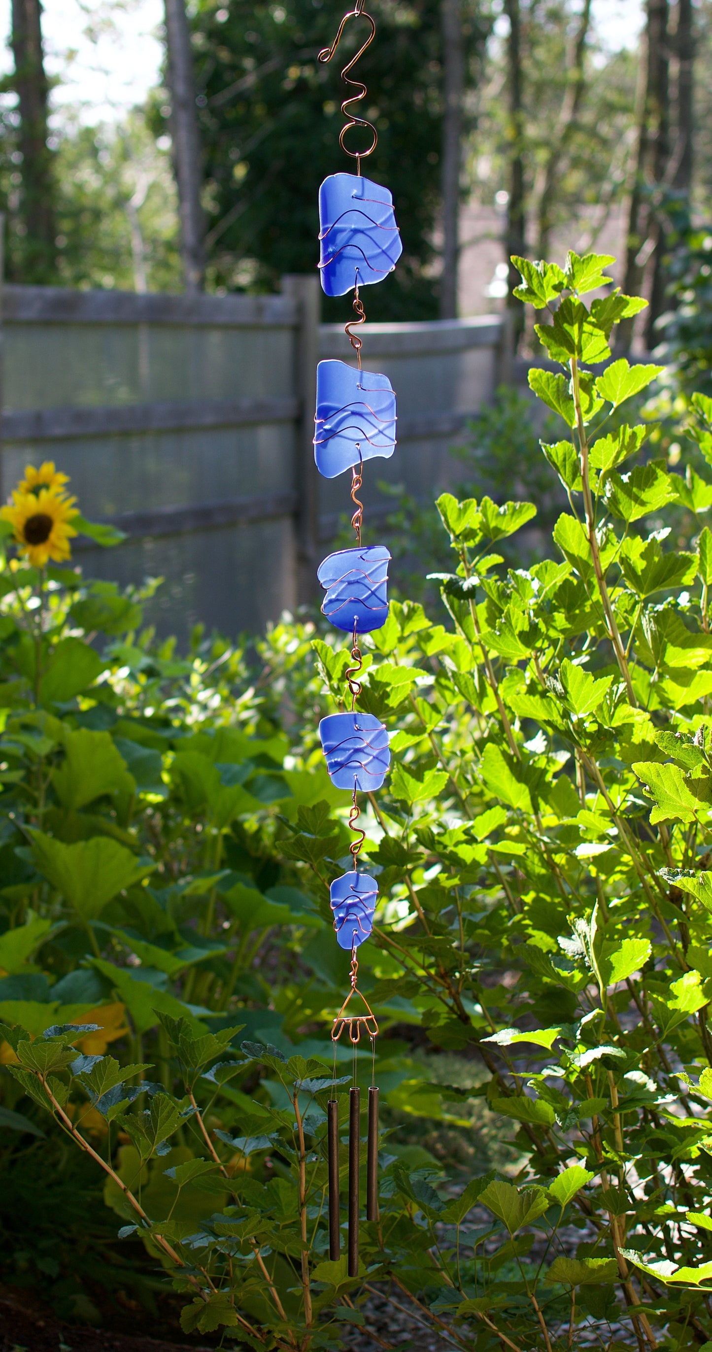 Wind Chime Extra Long Cobalt Blue Glass and Copper
