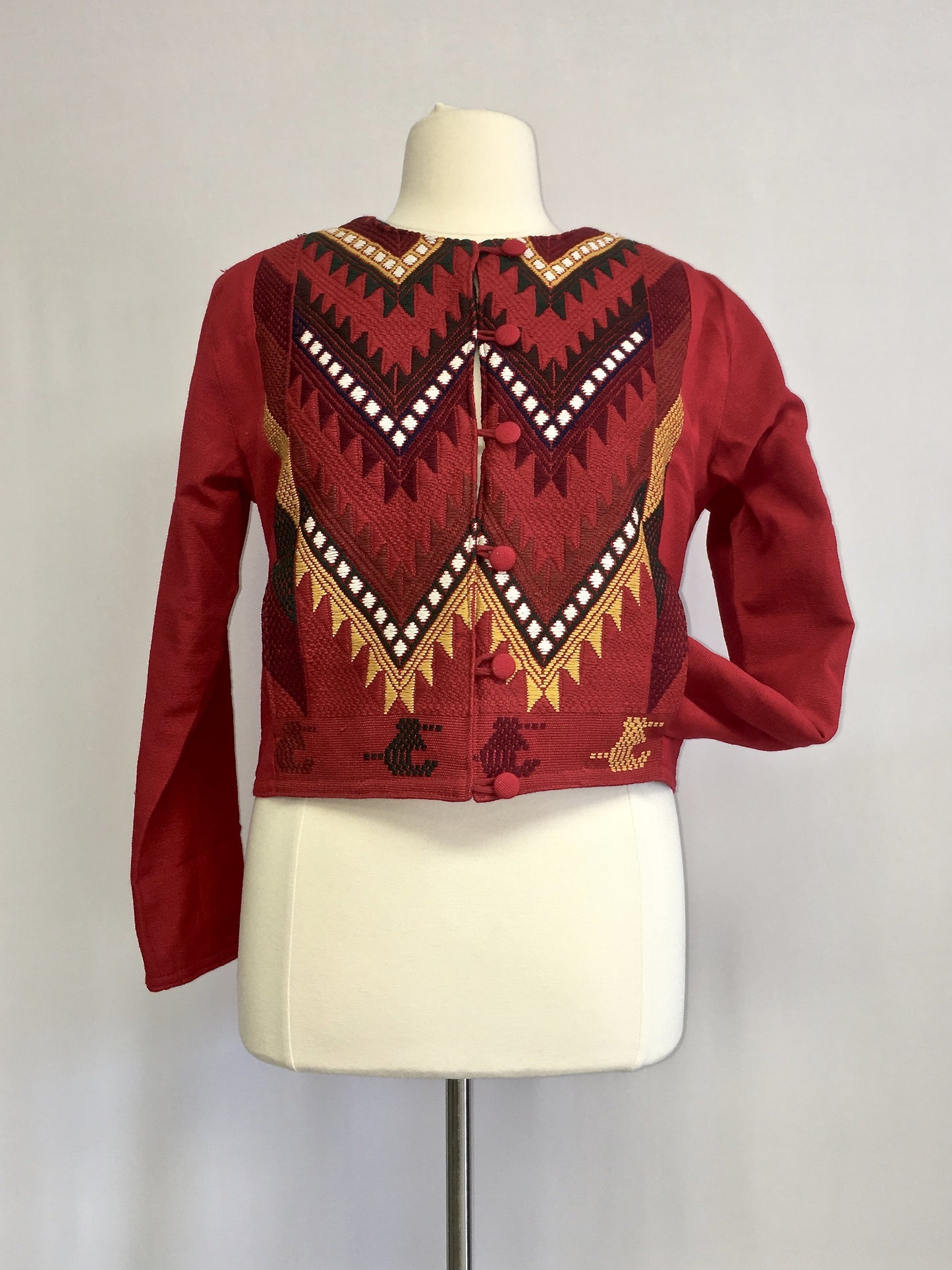 Up cycled guatemala huipil handcrafted short jacket round neck in red geometric pattern 2