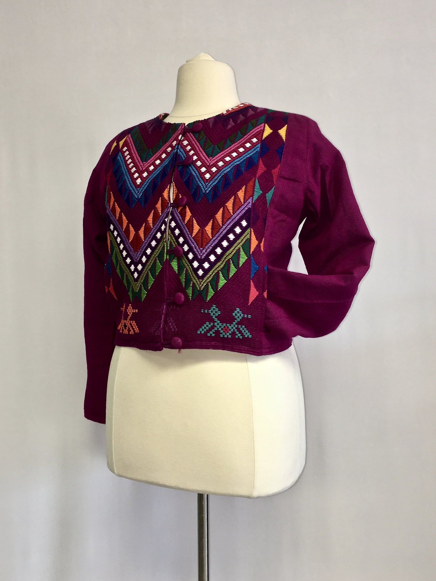 Up cycled guatemala huipil handcrafted short jacket round neck in purple geometric pattern