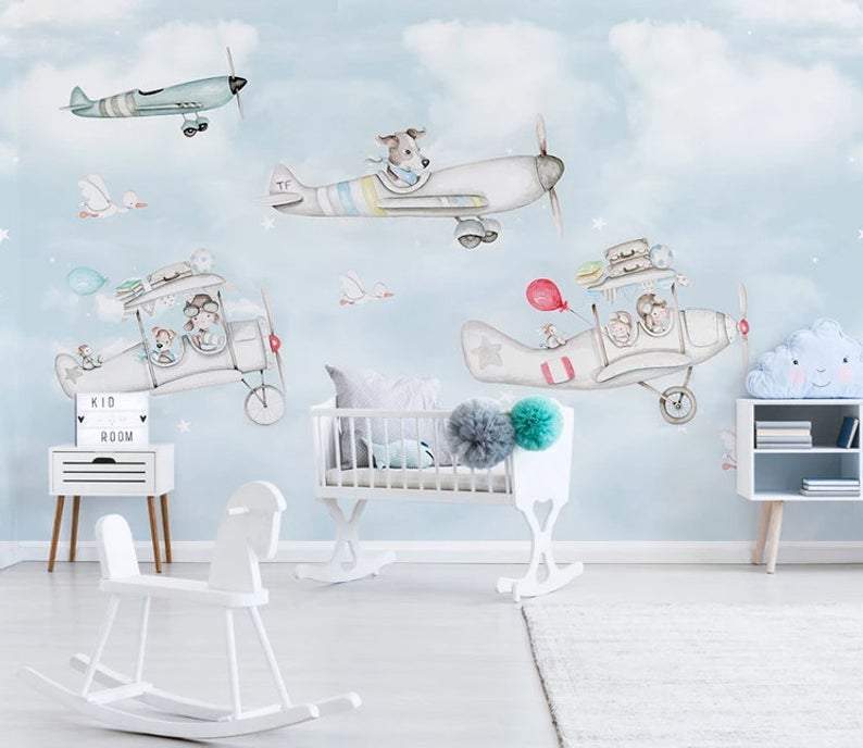Nursery Wallpaper Sky Poster Minimalist Cartoon Animal Aircraft Children s Room Background Wall Kid Room Wallpaper