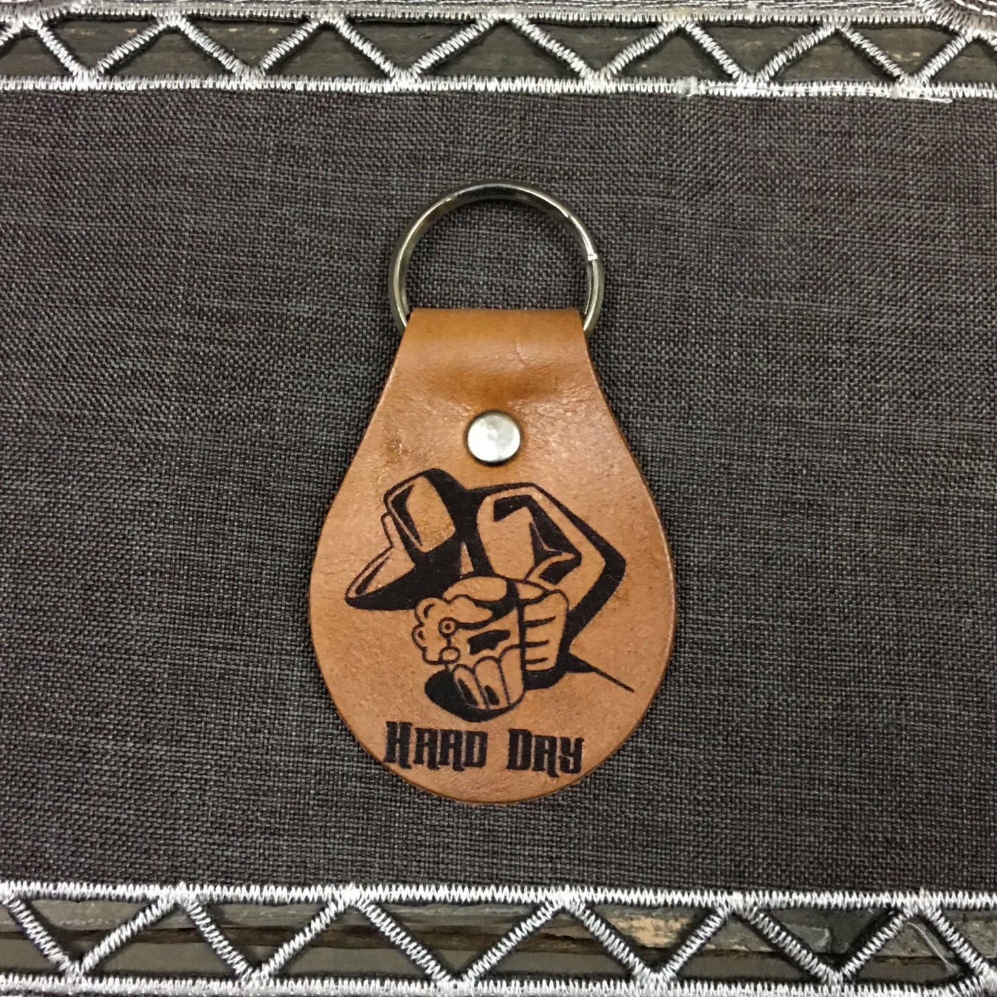 Hard Day at Work Beer Chain Fob Keychain - Laser Engraved Brown Tan Leather