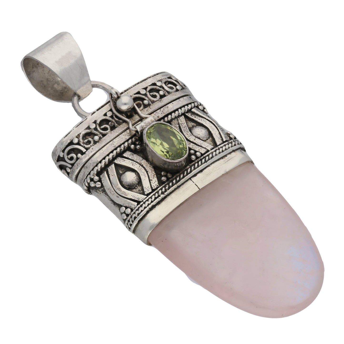 Handcrafted Sterling Silver Rose Quartz and Peridot Drop Poison Tongue Pendant