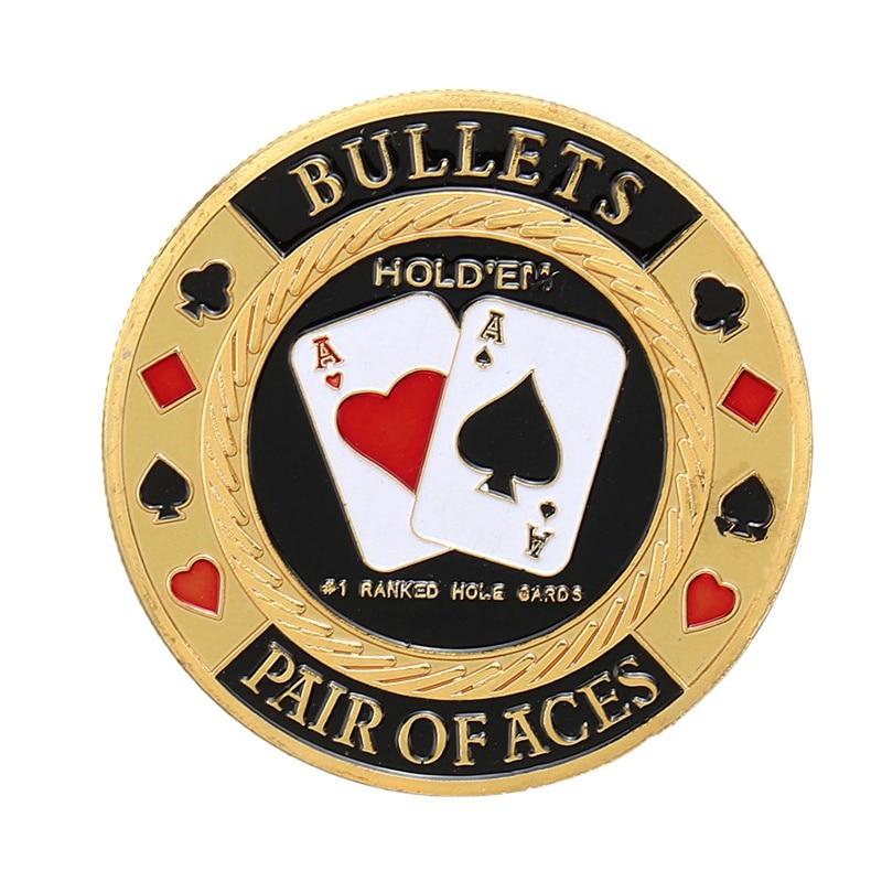 Metal Poker Chip Guard Card Protector Coin Pair Of Aces Gold Plated With Round Plastic Case Metal Craft Poker Chips Poker Game