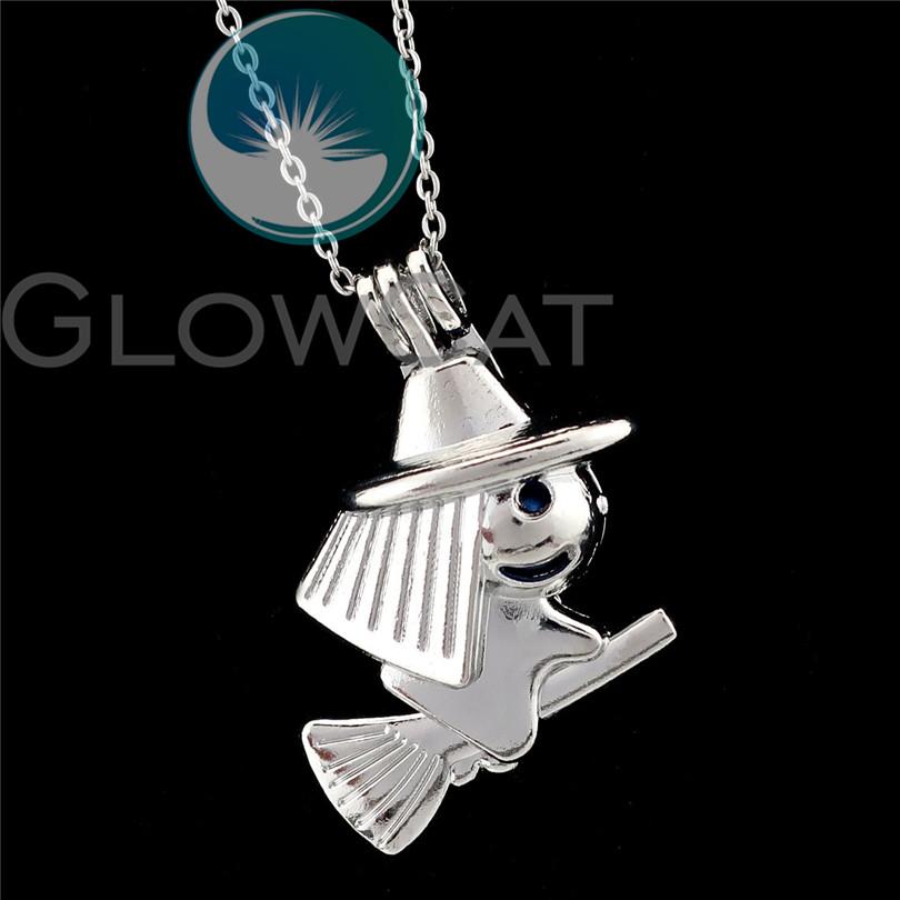 R-K914 Witch Riding Broom Witchcraft Beads Cage Essential Oil Diffuser Aroma Locket Necklace Girl Friend Party Gift