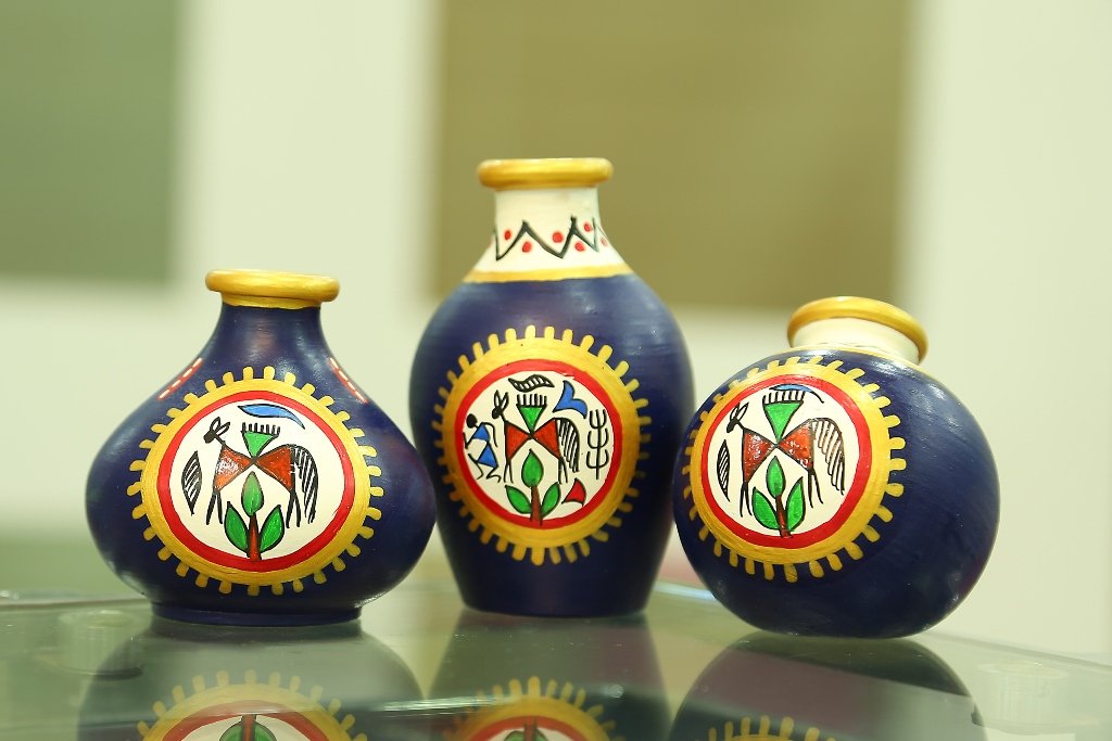 Terracotta Table Pots Warli Handpainted Miniature Blue Set Of 3