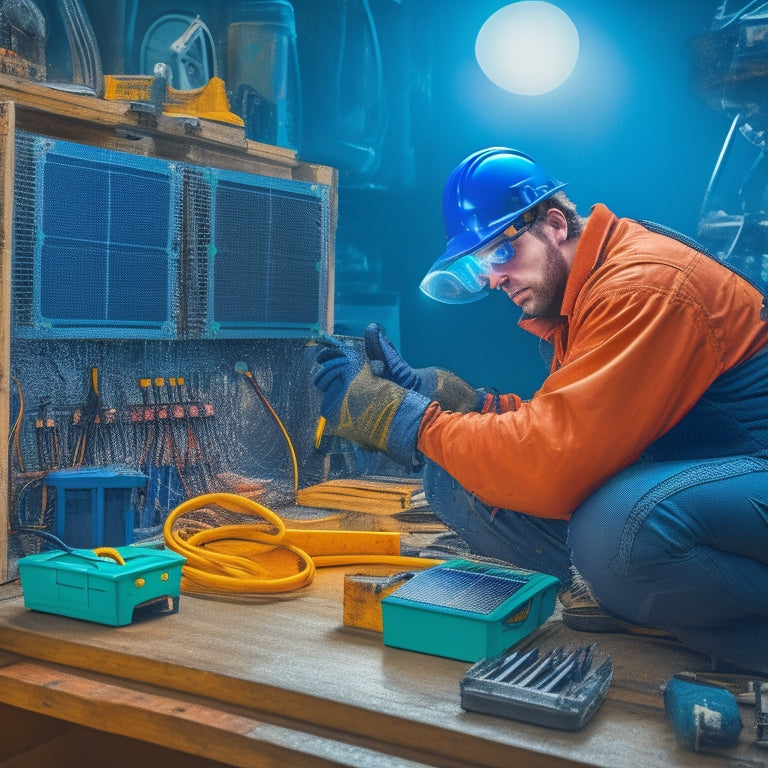 An illustration of a person wearing safety goggles and gloves, surrounded by tools and equipment, connecting solar panels to a battery bank with cables and wires in a well-organized workshop.