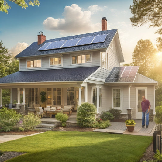 A serene suburban home with a sloping roof, surrounded by lush greenery, featuring a partially installed solar panel array, with a ladder, toolbox, and technician in the background.