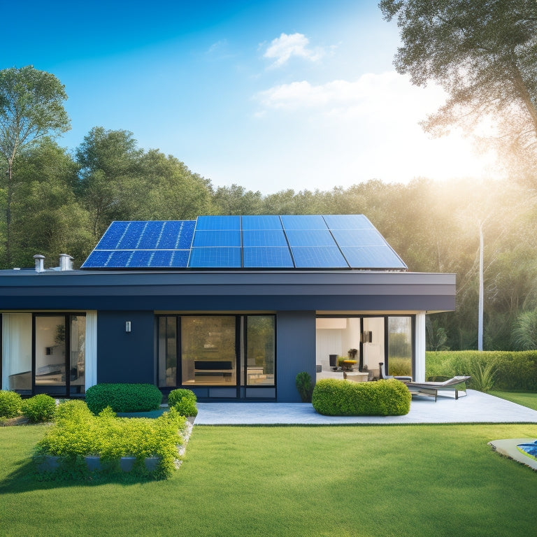 A serene, modern home with a sleek, black solar panel system on the rooftop, surrounded by lush greenery, with a bright blue sky and fluffy white clouds in the background.