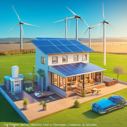 A stylized illustration of a modern home with various energy sources (solar panels, wind turbine, electrical outlet) connected to a central hub, surrounded by gauges, wires, and batteries, showcasing a seamless energy flow.