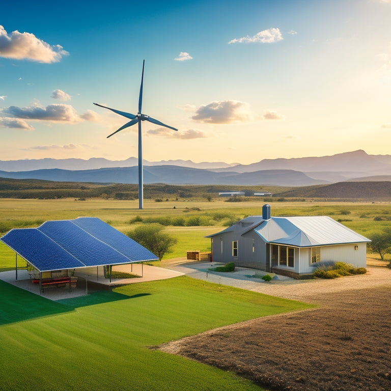 A sunny Texas landscape with a modern ranch-style house, solar panels installed on its roof, and a subtle Texas state flag waving in the background, surrounded by rolling hills and a few wind turbines.