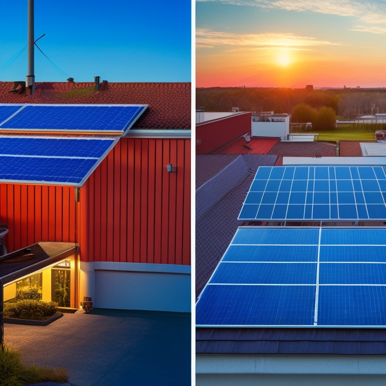 A split-screen image featuring a rooftop with solar panels on one side and a conventional electricity meter on the other, with contrasting bright and dim lighting, and varying meter speeds.