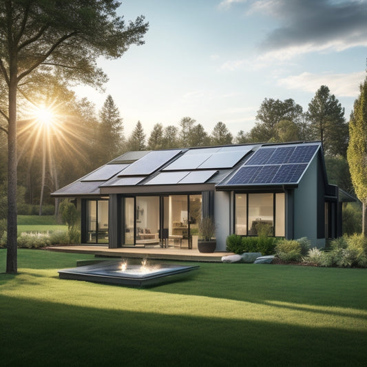 A serene backyard scene with a modern single-story house, lush green grass, and a few trees, featuring a sleek, black solar panel array installed on the roof, with a few panels tilted at an angle.