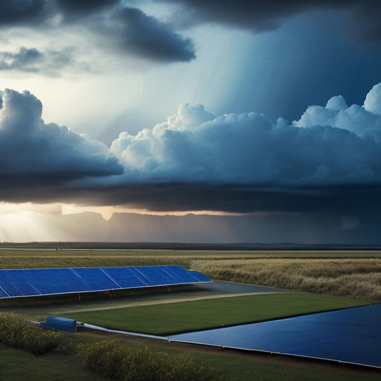 A dramatic, stormy landscape with dark gray clouds, lightning illuminating the sky, and strong winds blowing against a row of solar panels installed on a rooftop, with a few panels slightly bent.