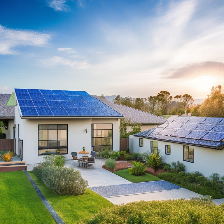 A serene California landscape with a modern suburban home featuring a sleek, black solar panel array on its rooftop, surrounded by lush greenery and a bright blue sky with a few wispy clouds.