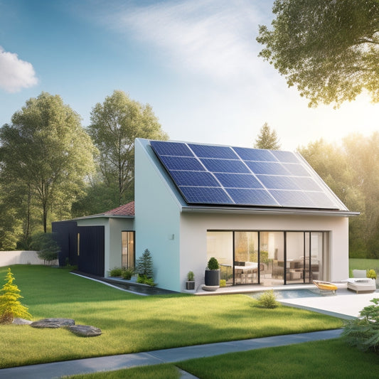 An illustration of a modern home with a rooftop solar panel, a sleek inverter unit in the background, and a few energy-efficient appliances in the foreground, all surrounded by green leaves and a subtle energy-saving meter in the corner.