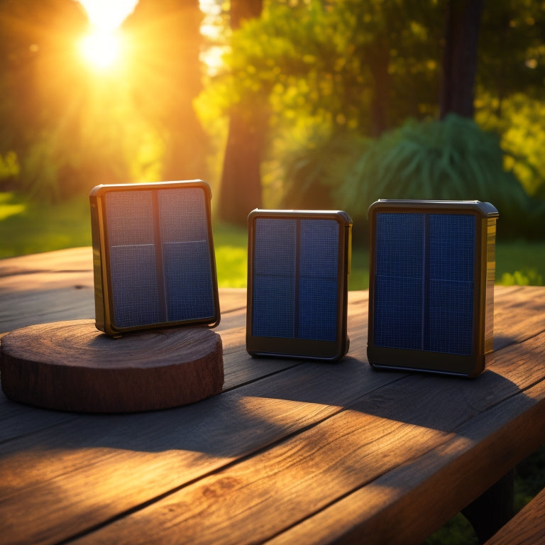 An illustration of three solar power batteries with distinct designs, arranged on a rustic wooden table, surrounded by lush greenery and subtle sunlight, with a faint grid pattern in the background.