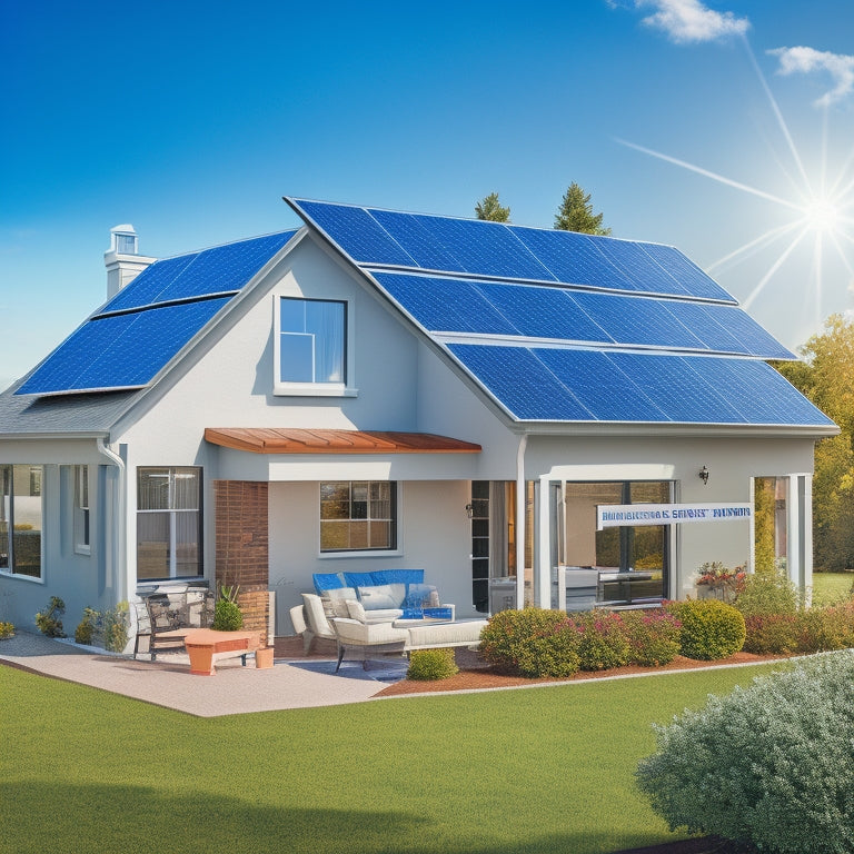 An illustration of a suburban home with various solar panels on the roof, surrounded by measurement tapes, calculators, and a clipboard with a partially filled-out chart, set against a bright blue sky.