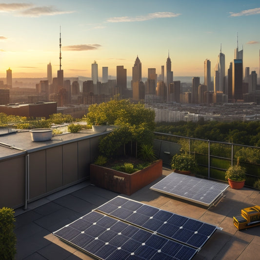 A serene rooftop with a mix of installed solar panels and empty space, surrounded by measuring tapes, calculators, and a subtle cityscape in the background, conveying a sense of cost calculation.