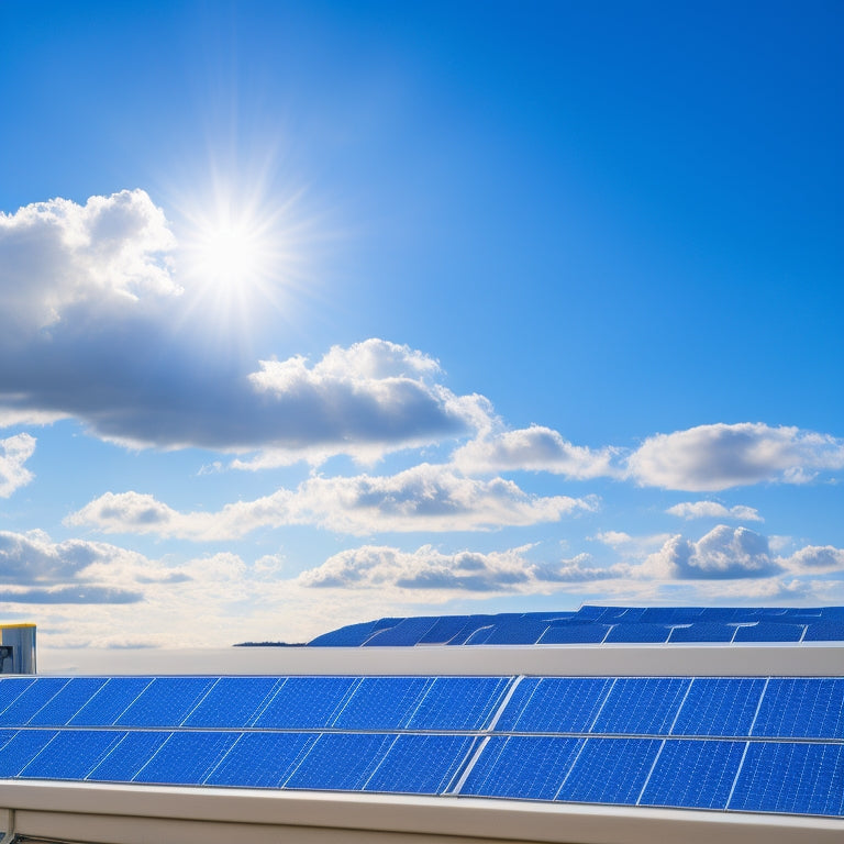 A bright blue sky with fluffy white clouds, a modern solar panel installation on a rooftop, and a sleek, compact battery storage unit in the foreground, with a subtle glow effect.