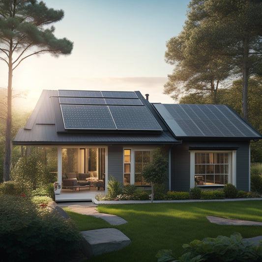 A serene suburban home with a pitched roof, surrounded by lush greenery, featuring a sleek solar panel array installed on the south-facing slope, casting a subtle shadow on the roof tiles.