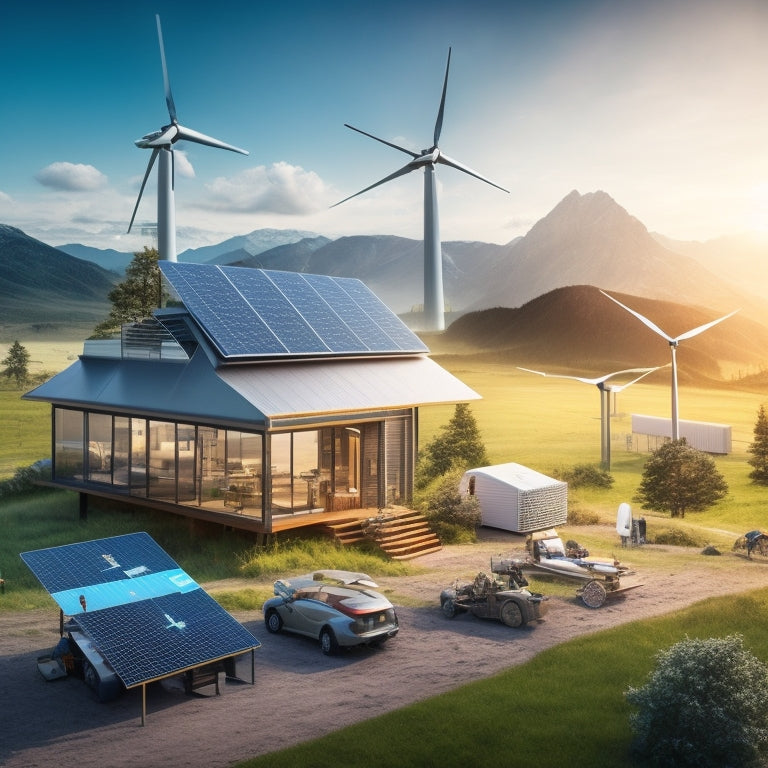 A futuristic, high-tech illustration depicting a remote, off-grid cabin surrounded by solar panels and wind turbines, with a central hub showcasing various screens and graphs displaying real-time energy storage and consumption data.