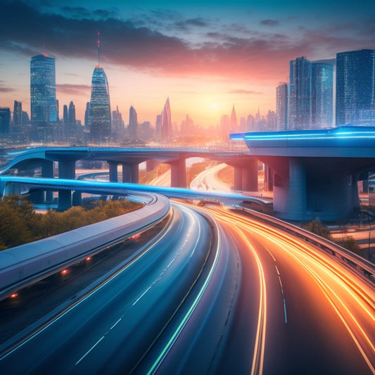 A futuristic cityscape at dusk, with sleek, driverless cars gliding along a highway, surrounded by a subtle glow of sensors and cameras, amidst a subtle, gradient blue background, conveying safety and innovation.