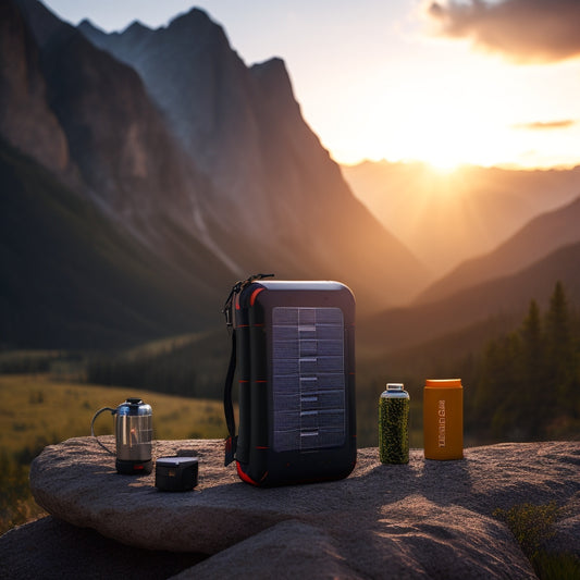 A compact, sleek solar power bank with foldable panels, surrounded by outdoor gear like a backpack, water bottle, and hiking boots, set against a scenic mountain landscape at sunrise.